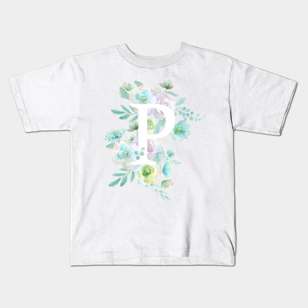 Botanical alphabet P green and purple flowers Kids T-Shirt by colorandcolor